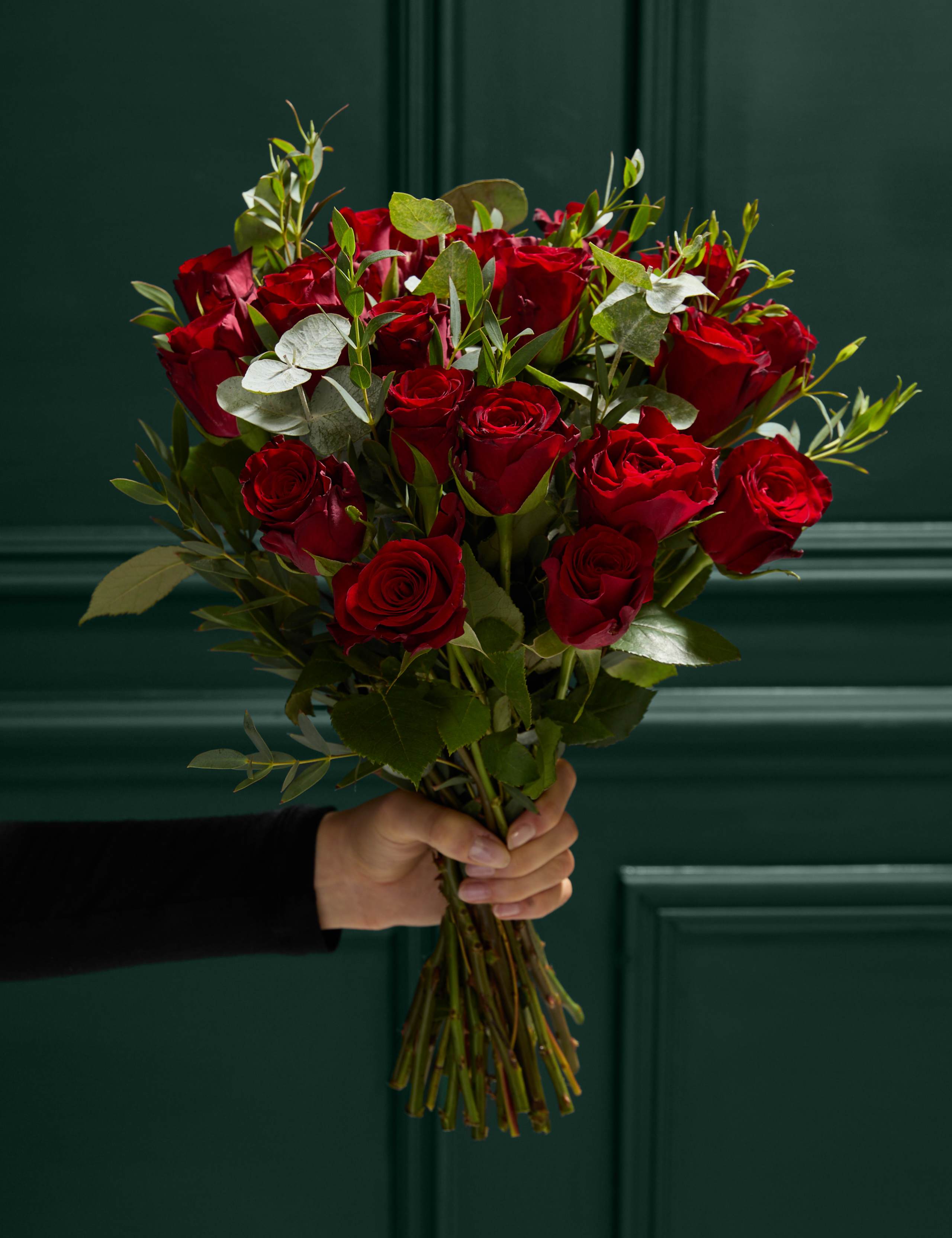Festive Red Rose & Eucalyptus Bouquet