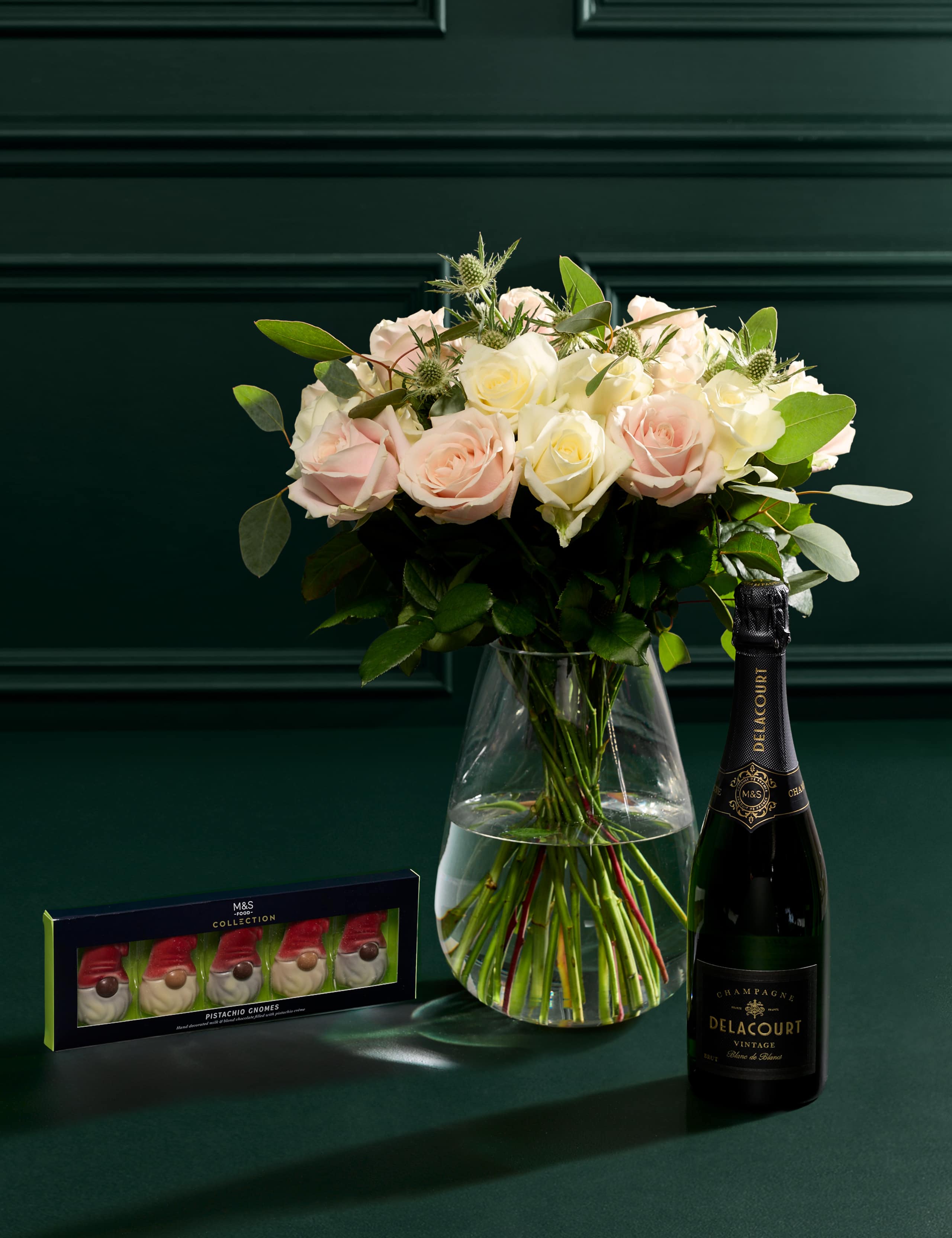 Festive Mixed Rose Christmas Bouquet with Vintage Champagne & Pistachio Gnomes