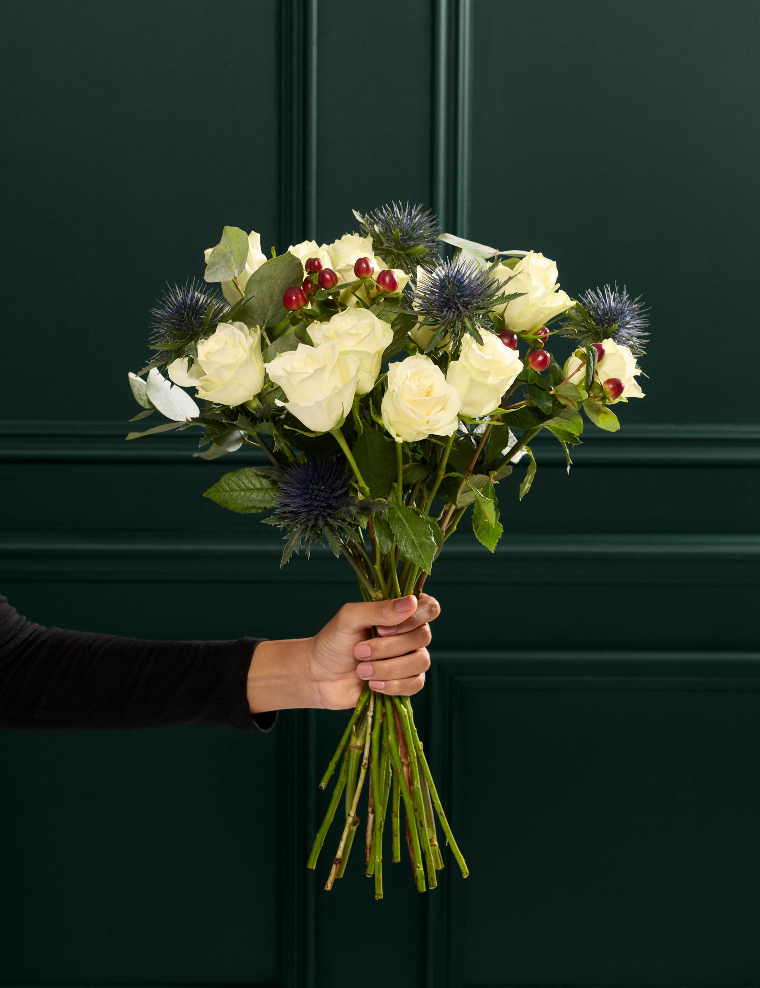 Festive White Rose & Hypericum Bouquet