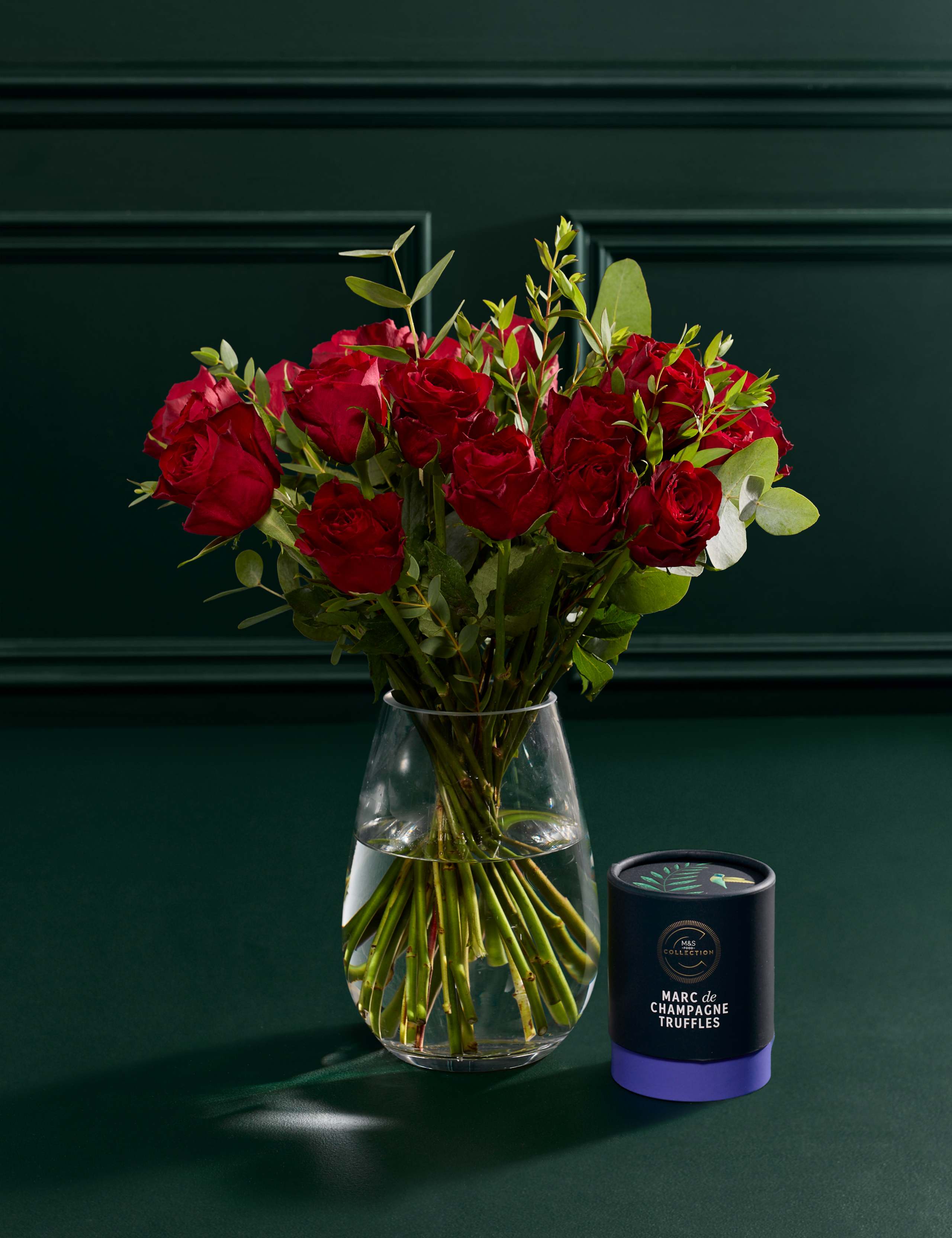 Festive Red Rose & Eucalyptus Bouquet with Marc de Champagne Truffles (Delivery from 26th November)