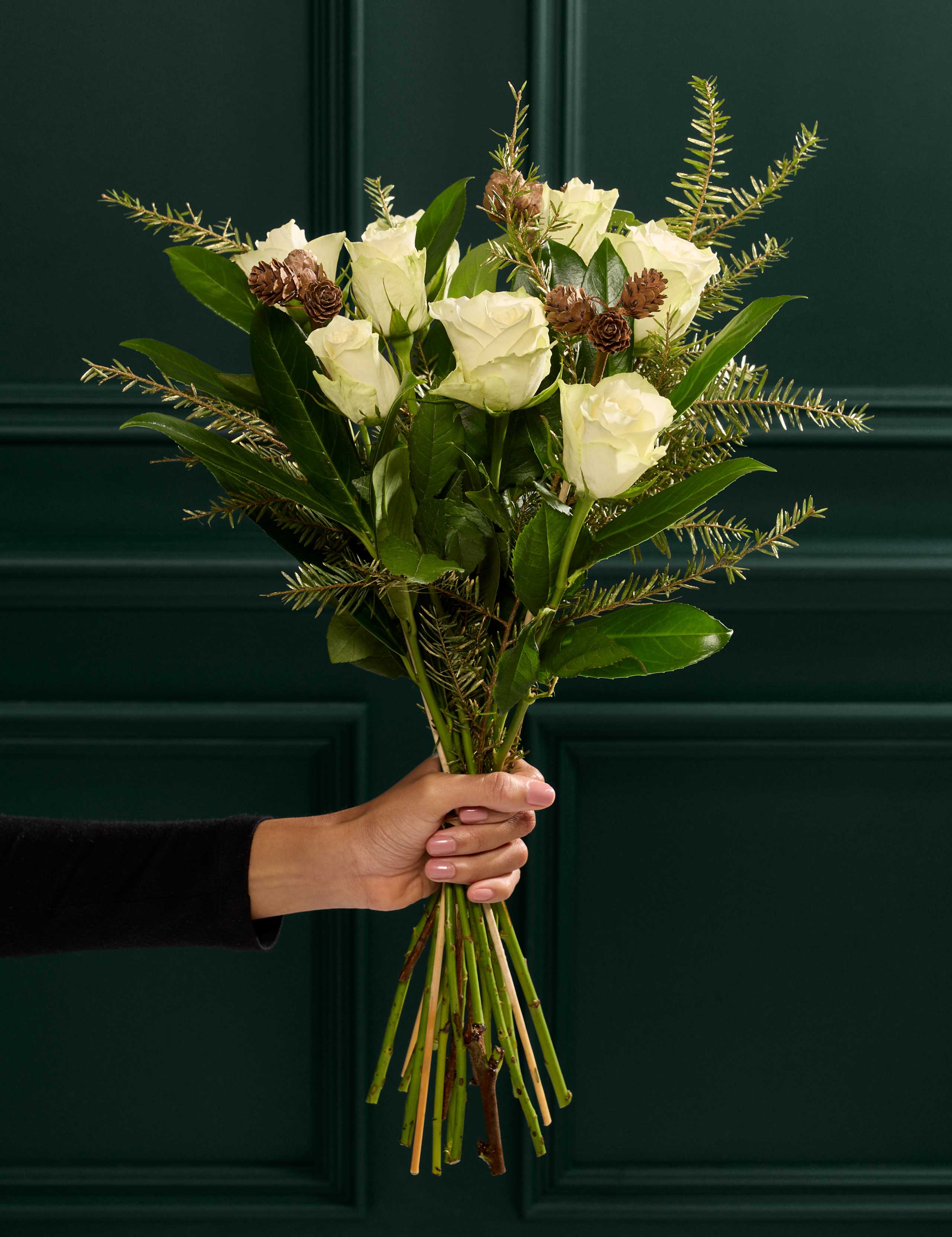 White Rose & Pine Cone Bouquet (Delivery from 26th November)