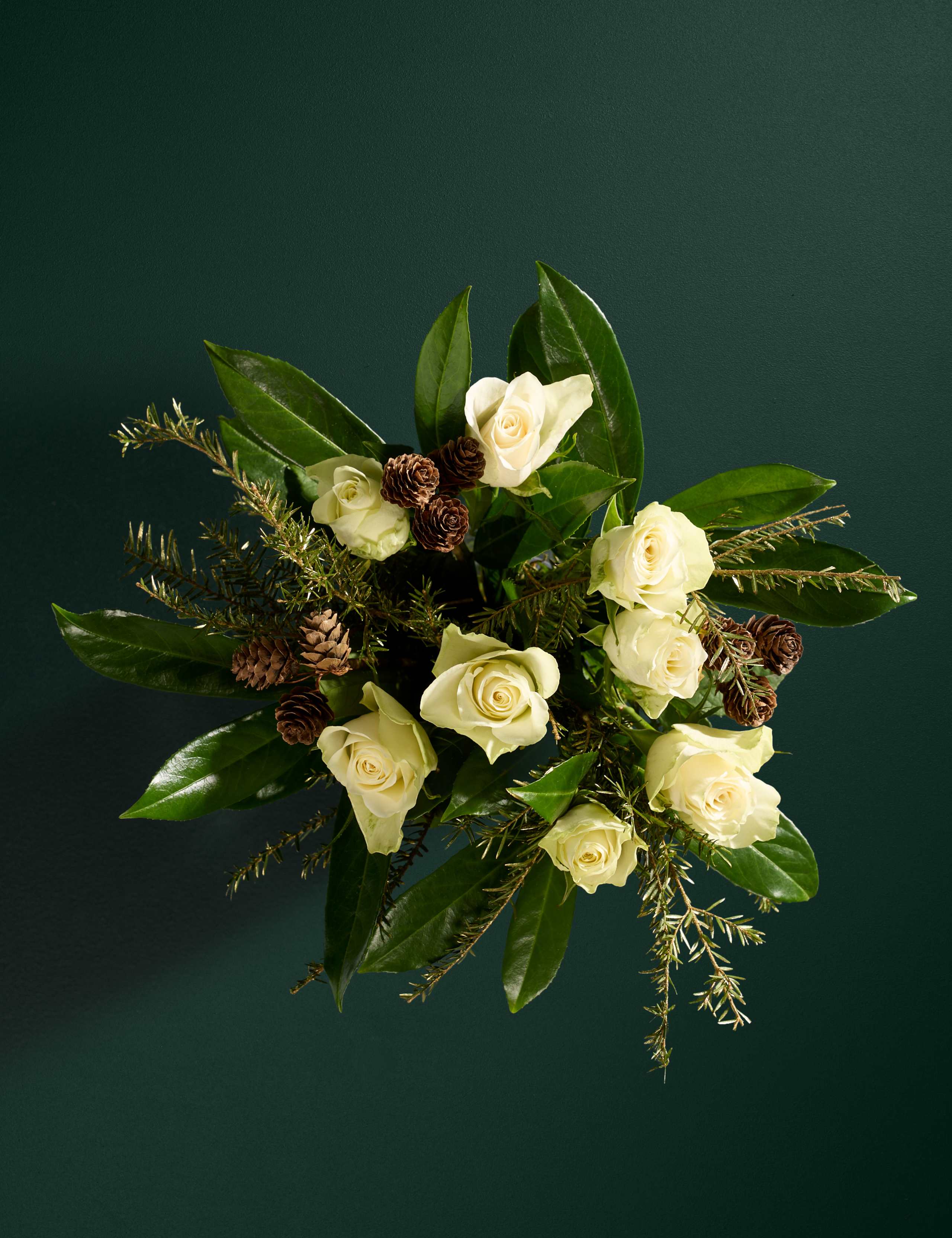 White Rose & Pine Cone Bouquet (Delivery from 26th November)