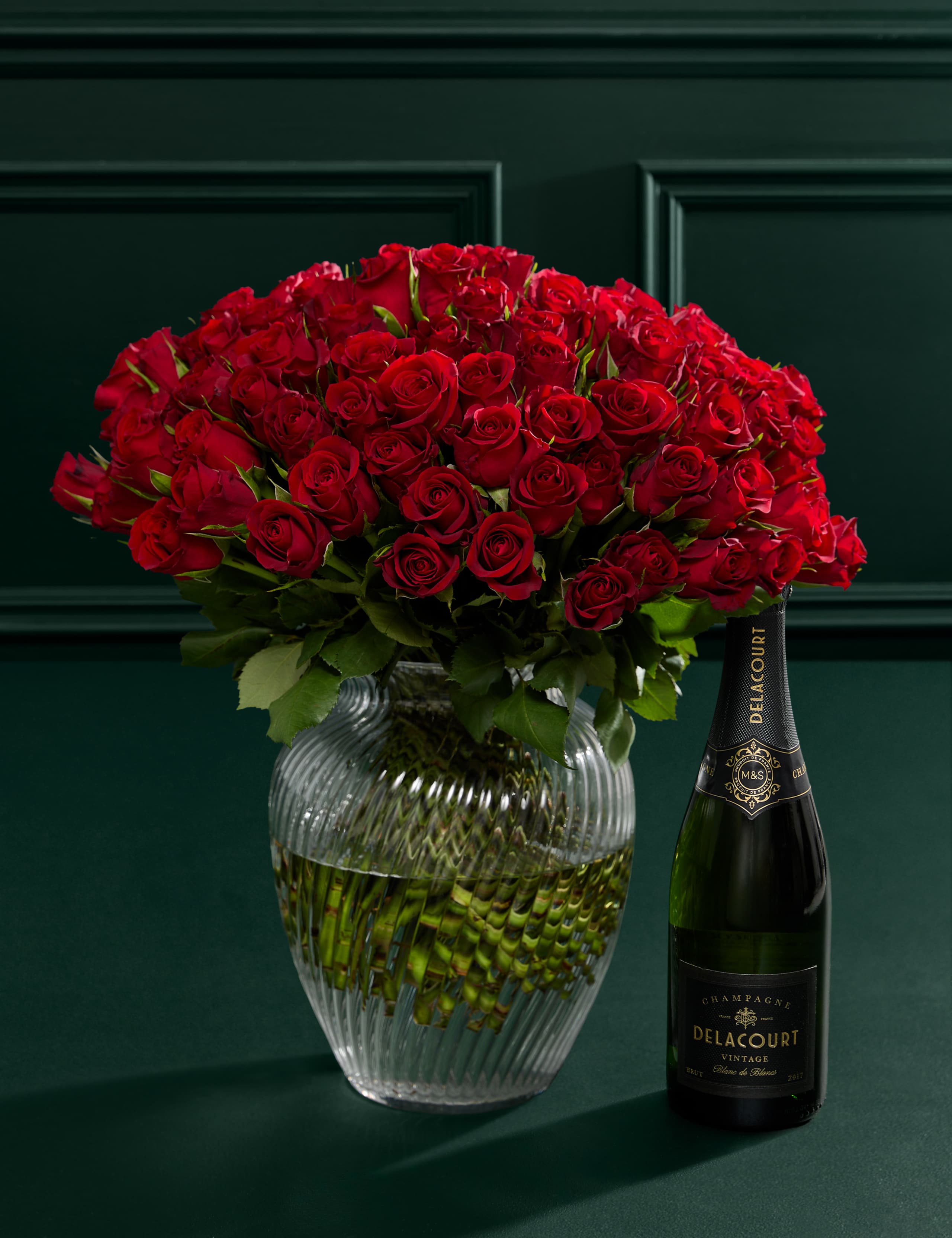 100 Romantic Red Roses Bouquet & Vintage Champagne