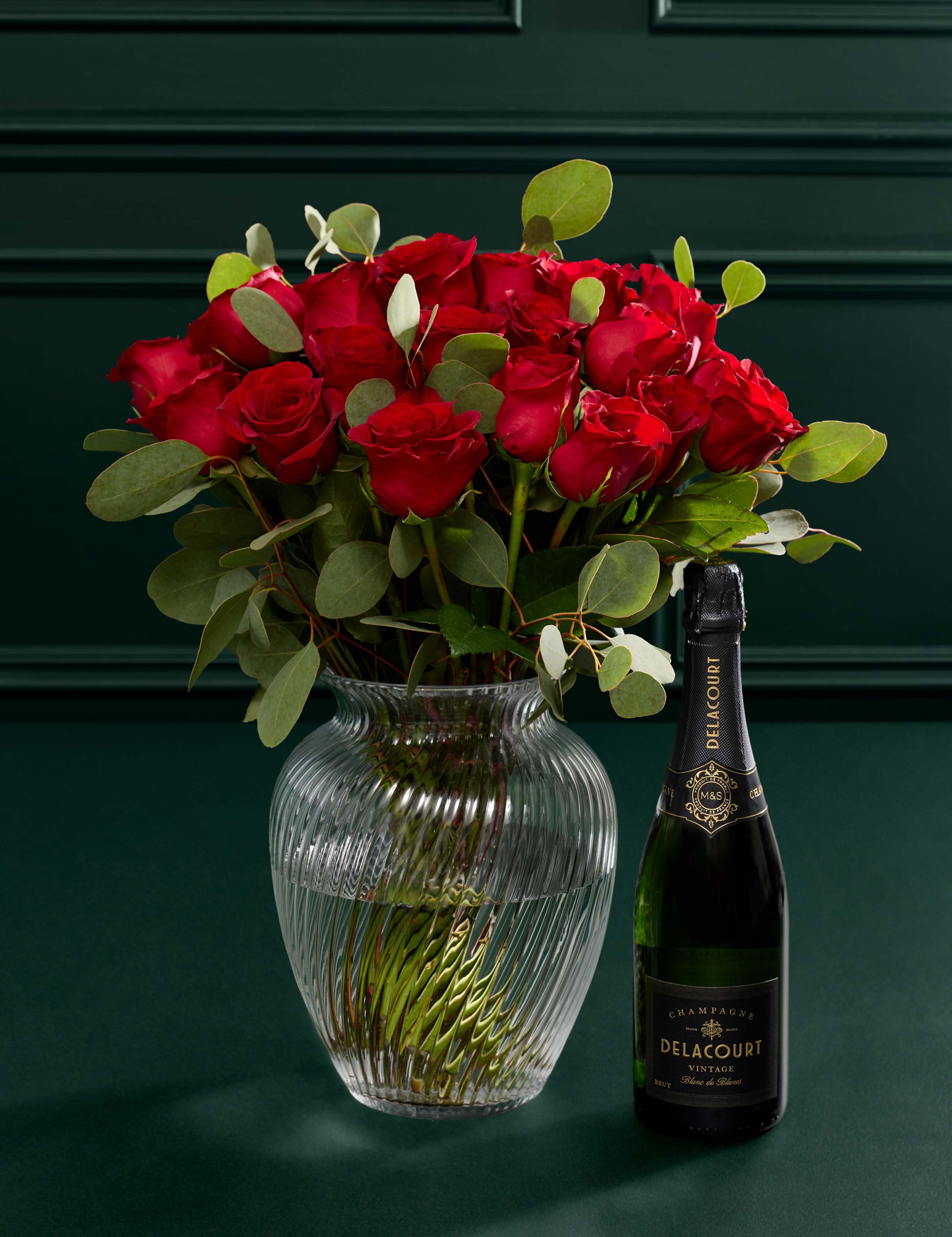 Valentine's Red Freedom® Rose & Eucalyptus Bouquet with Champagne