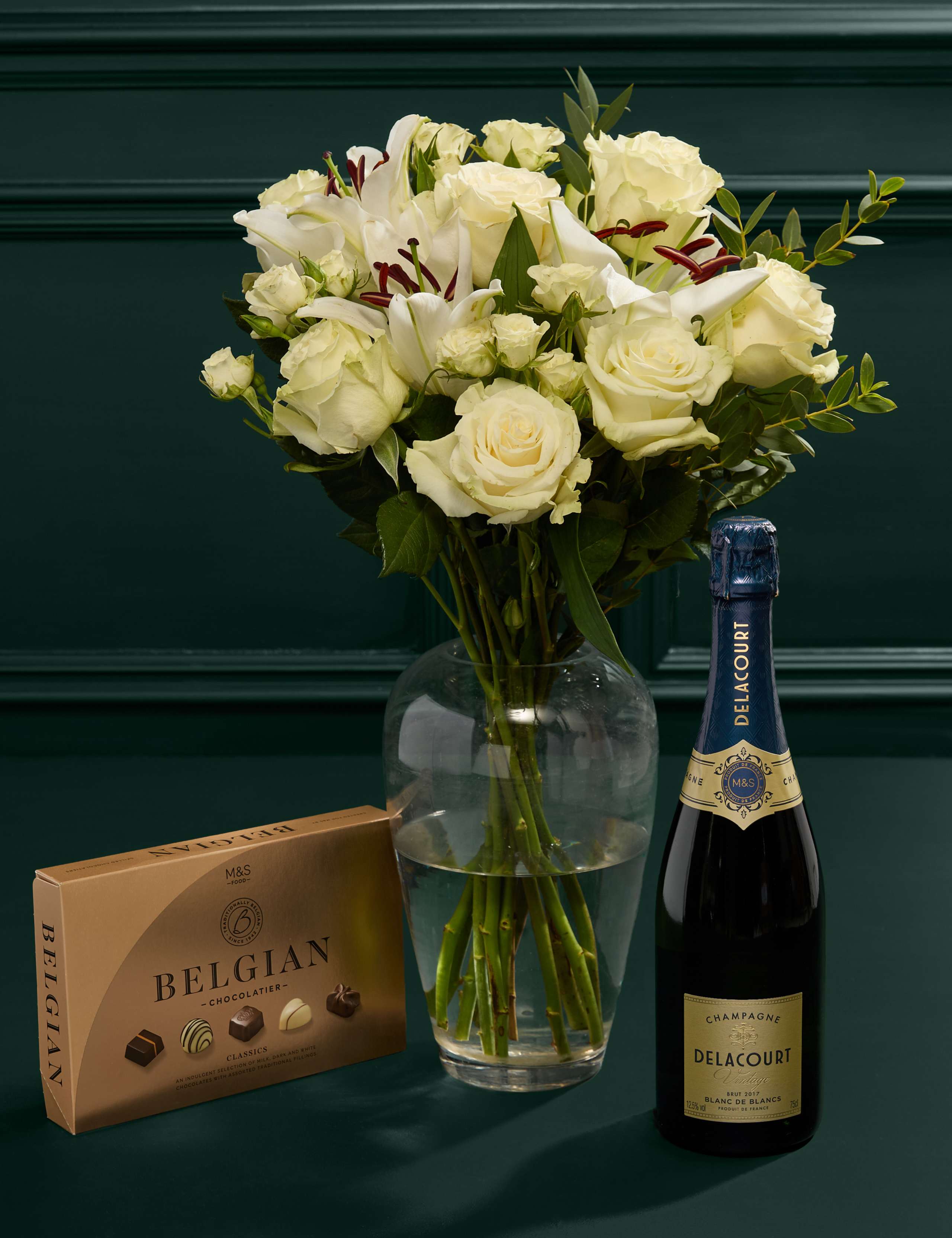 White Rose & Lily Bouquet with Belgian Chocolates & Vintage Champagne