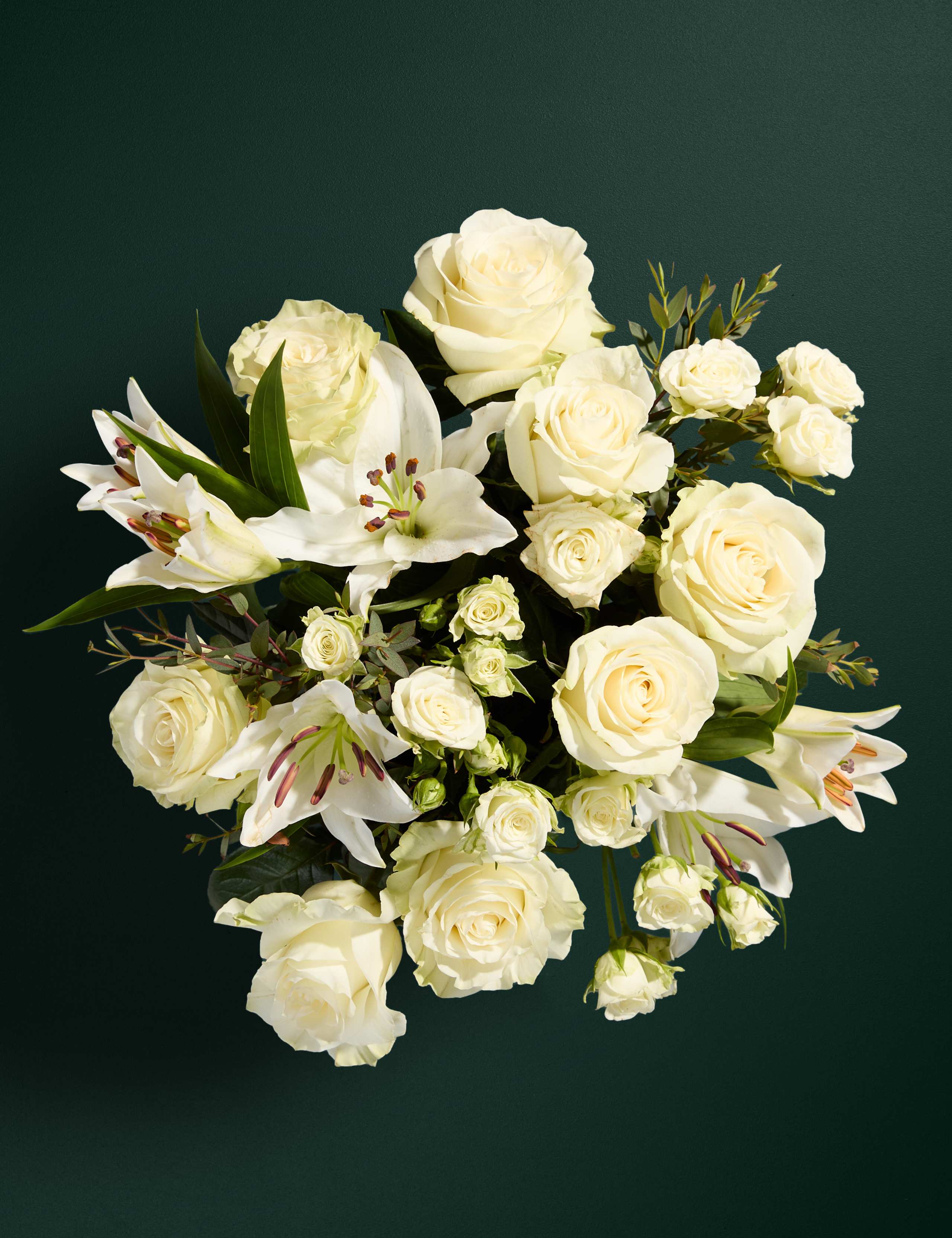 White Rose & Lily Bouquet with Belgian Chocolates & Vintage Champagne