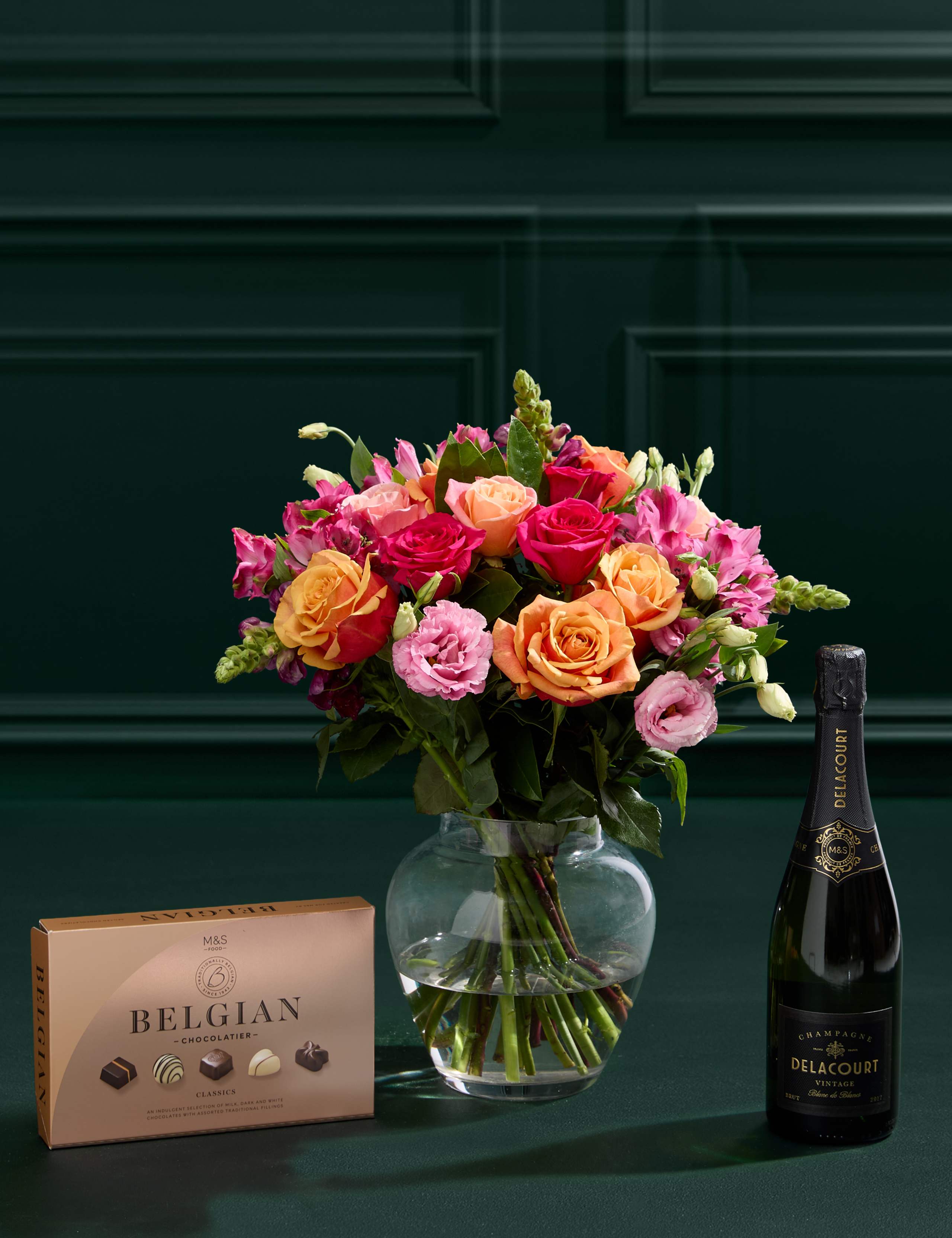 Roses, Lisianthus & Antirrhinum Bouquet with Chocolates & Vintage Champagne (Delivery from 28th September)