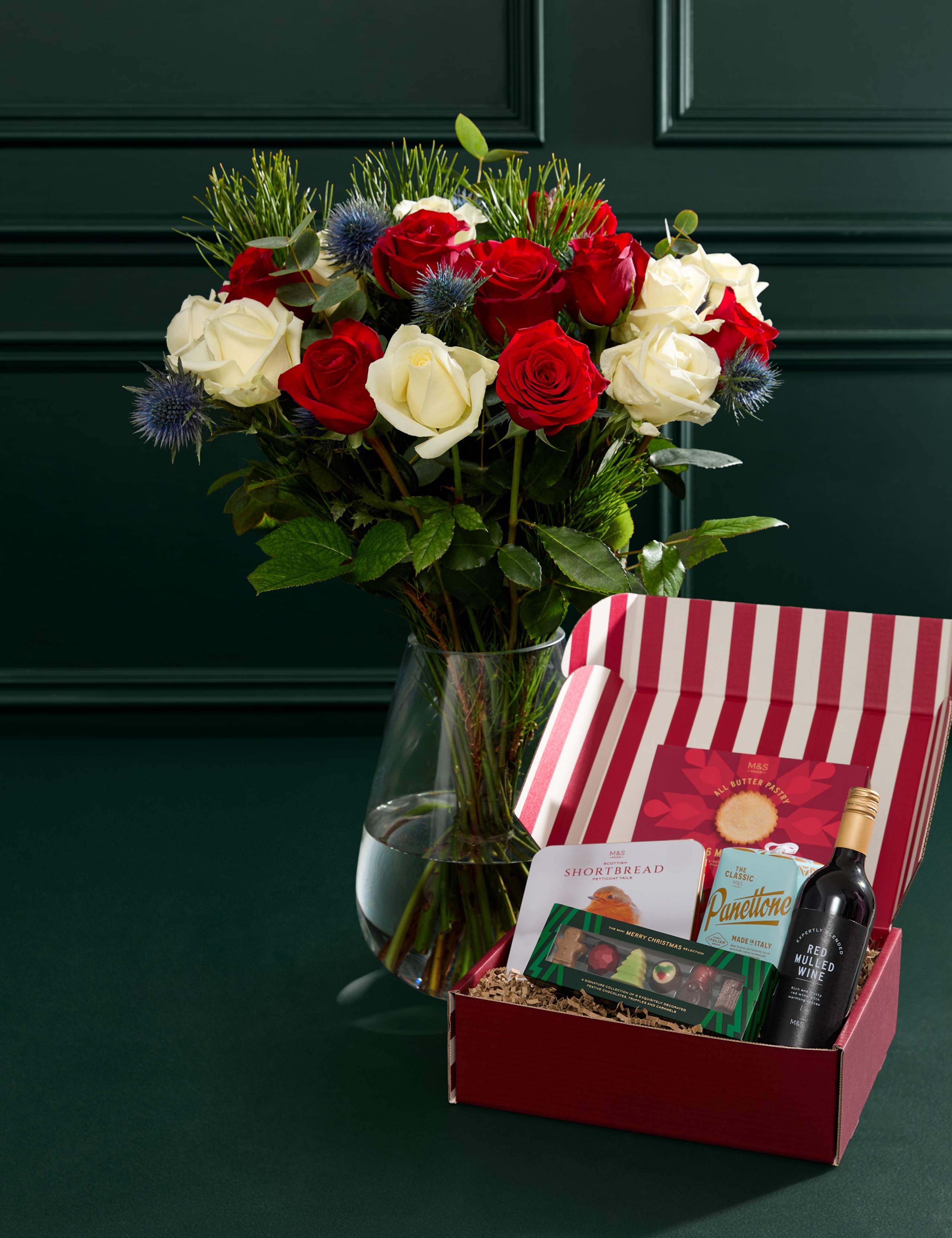 Festive Mixed Rose Bouquet with Mulled Wine & Treats Hamper