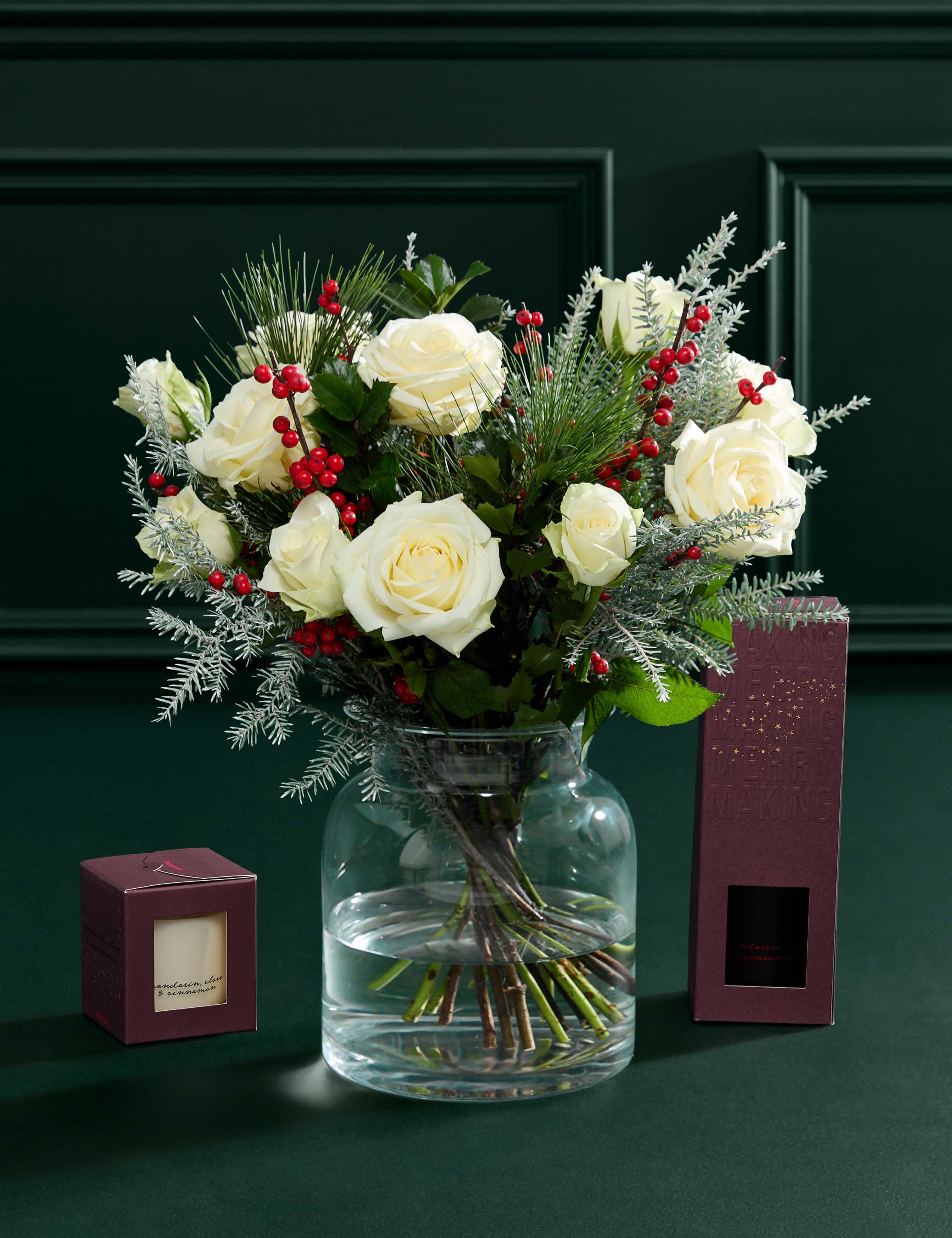 White Rose, Blue Prince, Ilex  Bouquet with Candle & Diffuser