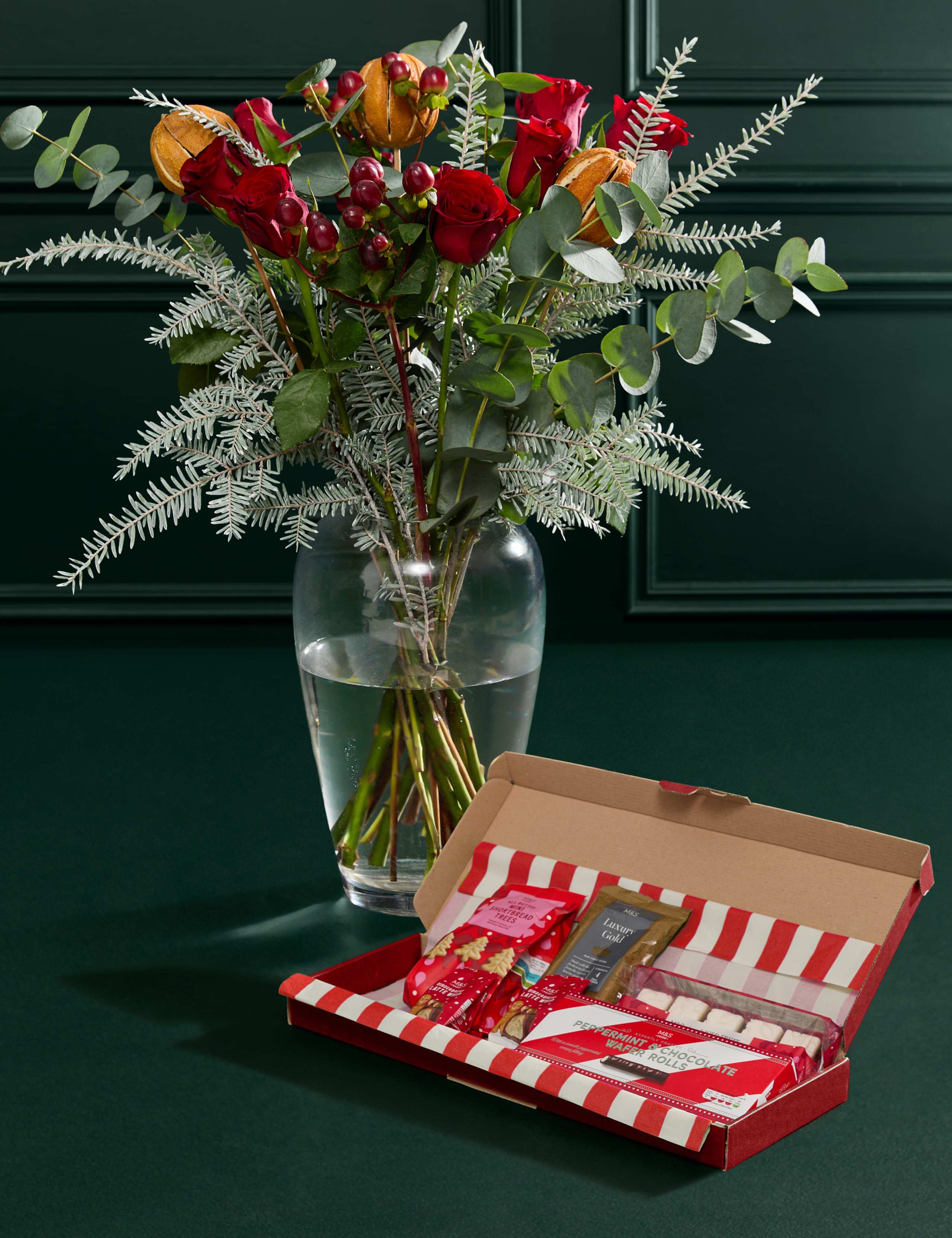 Red Roses & Hypericum Bouquet with Festive Letterbox Gift