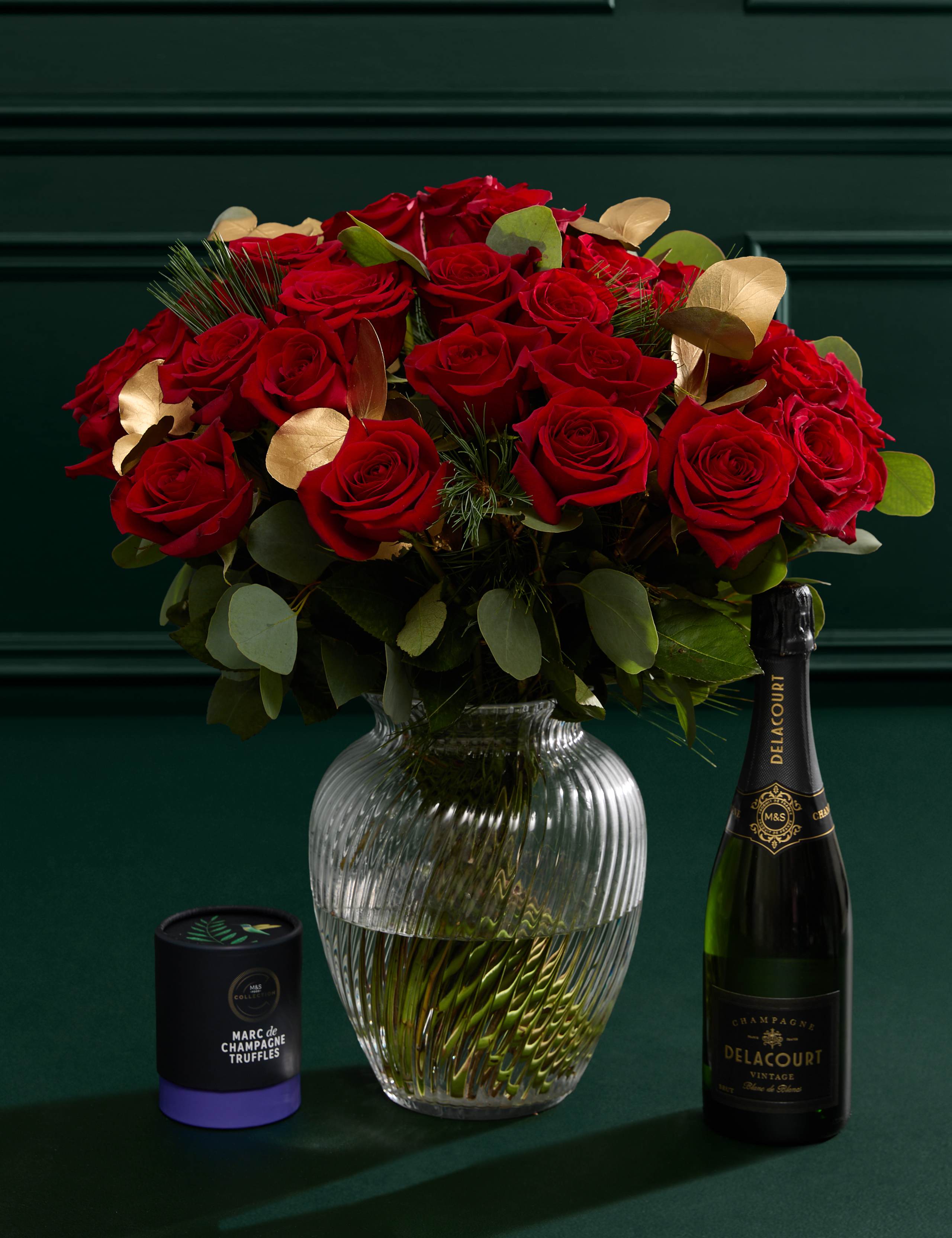 Luxury Red Rose Bouquet & Vase with Vintage Champagne & Truffles