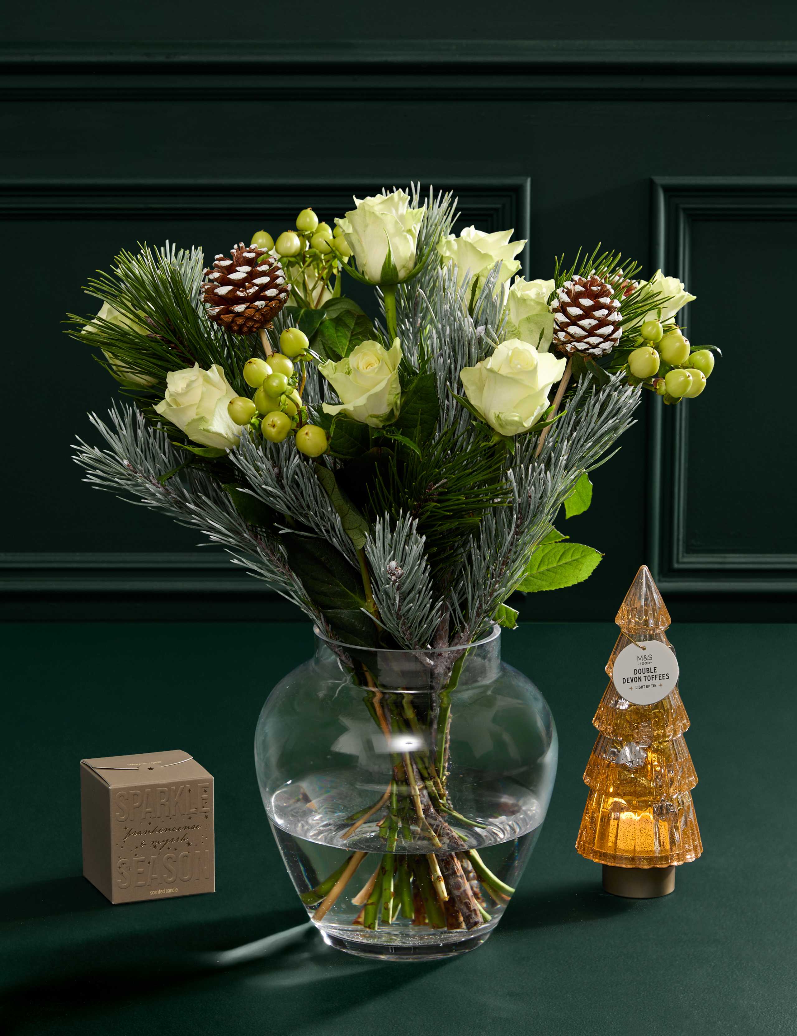 White Rose & Hypericum Bouquet with Toffee Tree & Candle