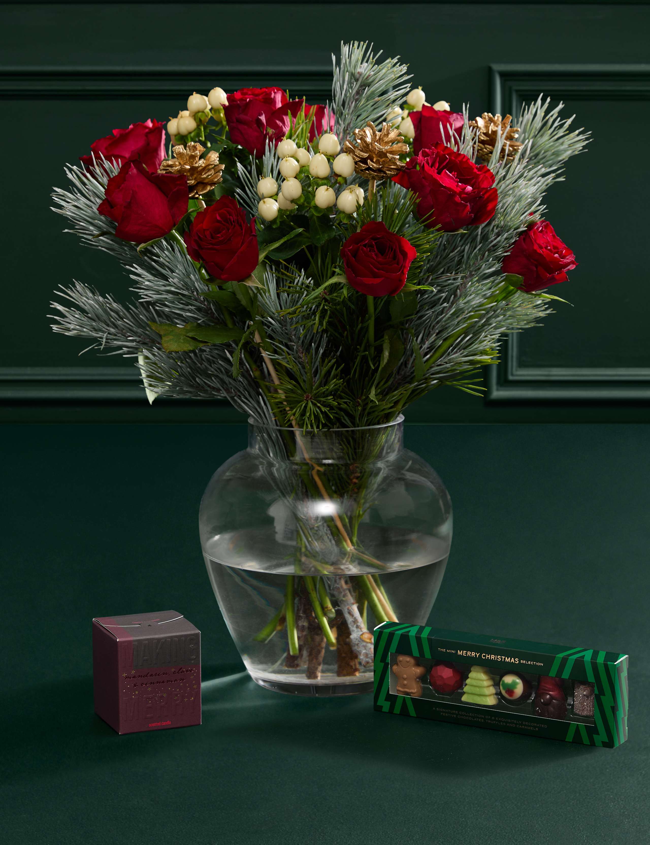 Red Rose & Hypericum Bouquet with Mini Christmas Chocolates & Candle