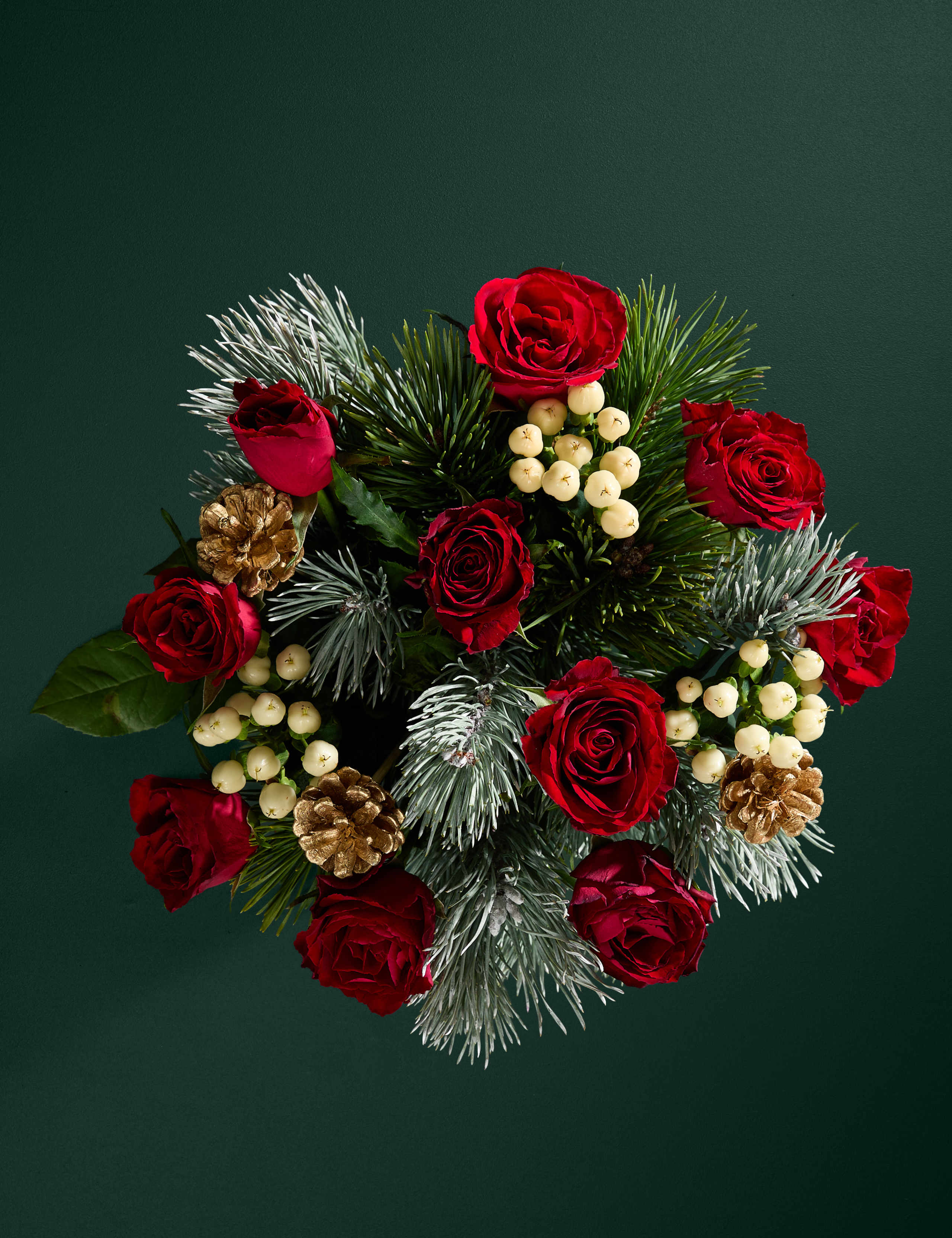Red Rose & Hypericum Bouquet with Mini Christmas Chocolates & Candle