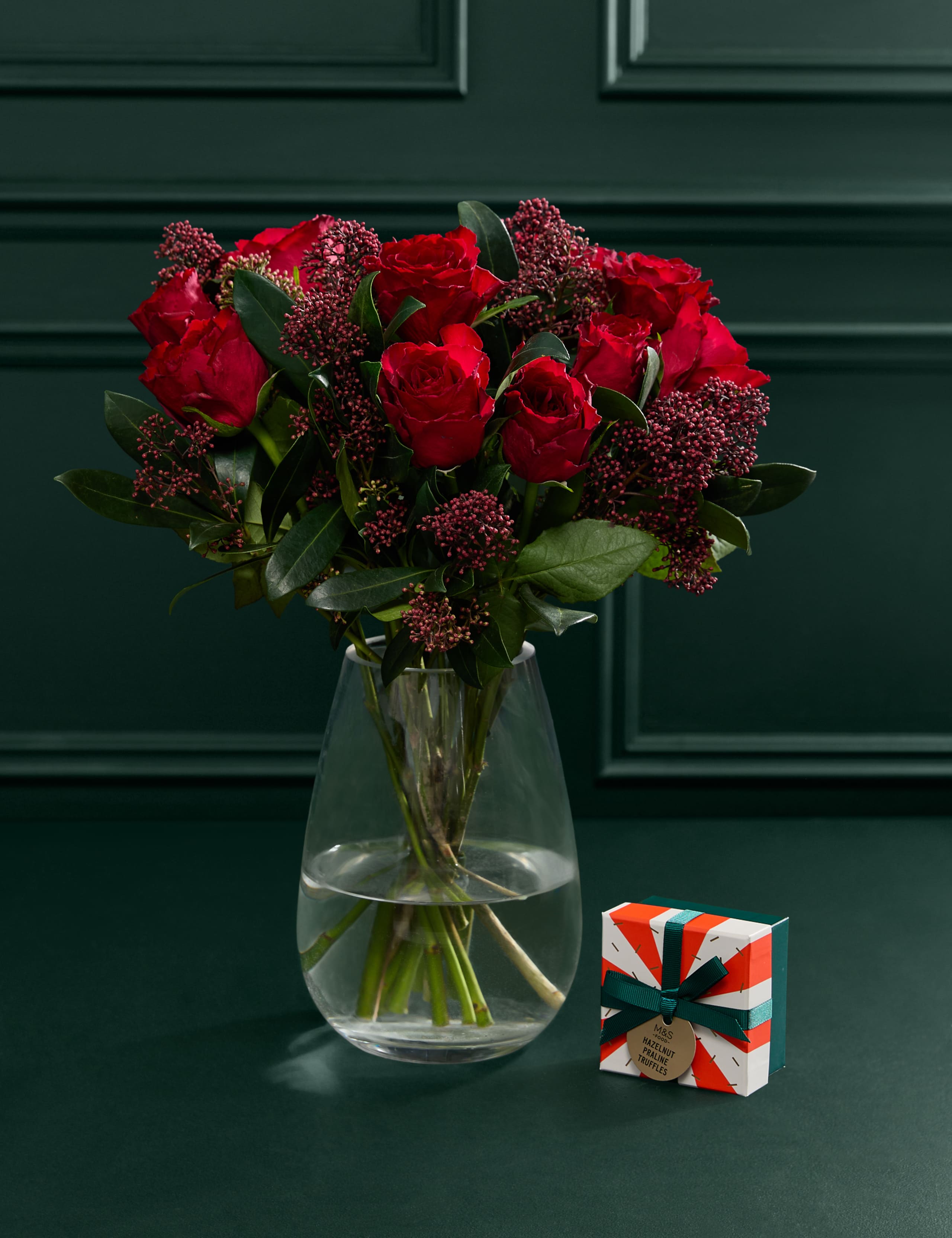 Red Rose & Skimmia Bouquet with Chocolates