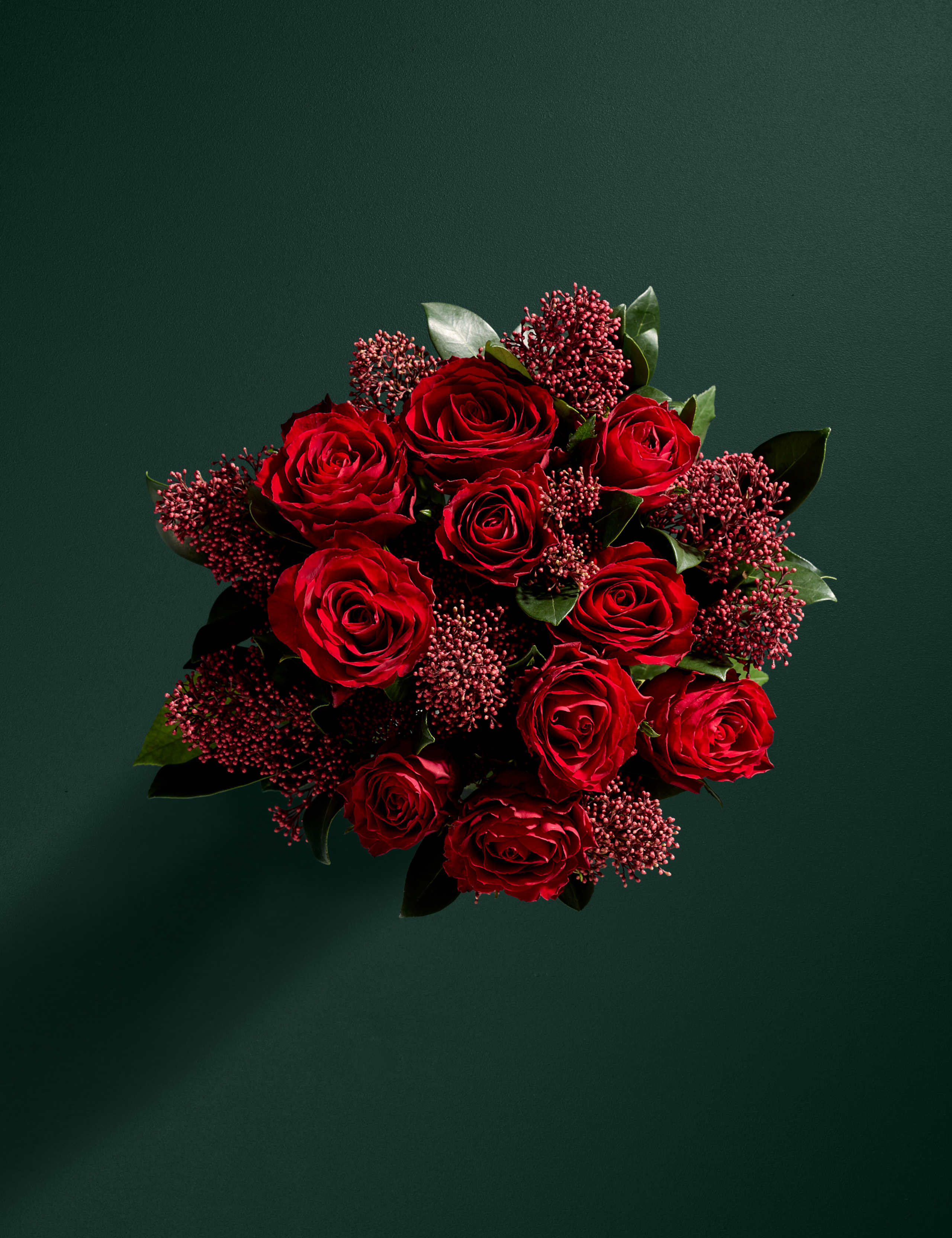 Red Rose & Skimmia Bouquet with Chocolates