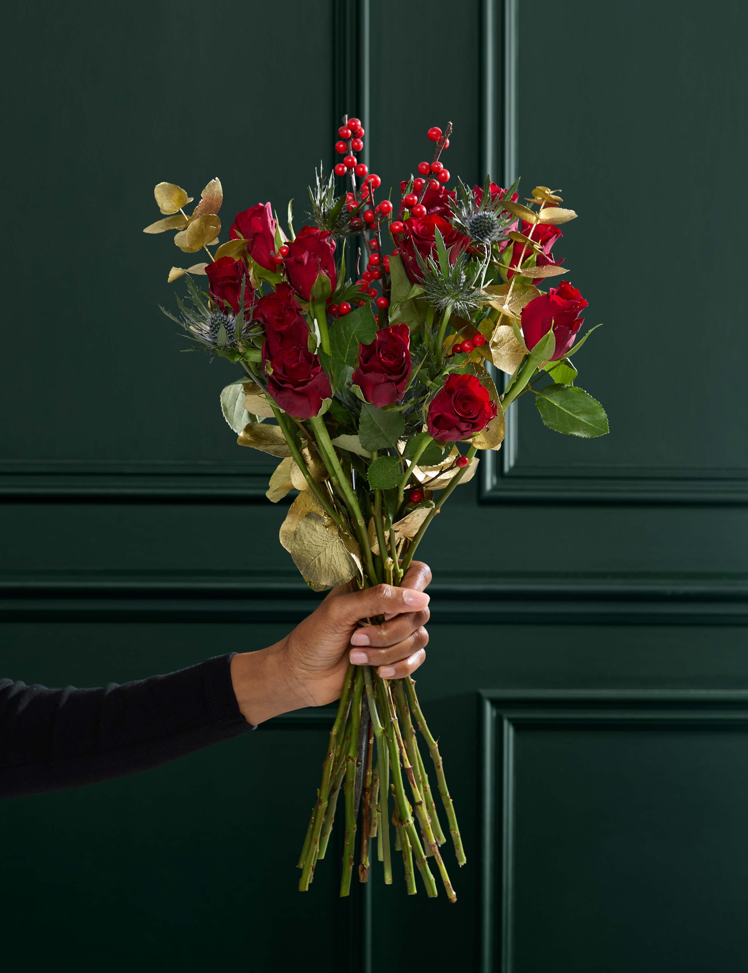 Festive Red Rose & Ilex Bouquet