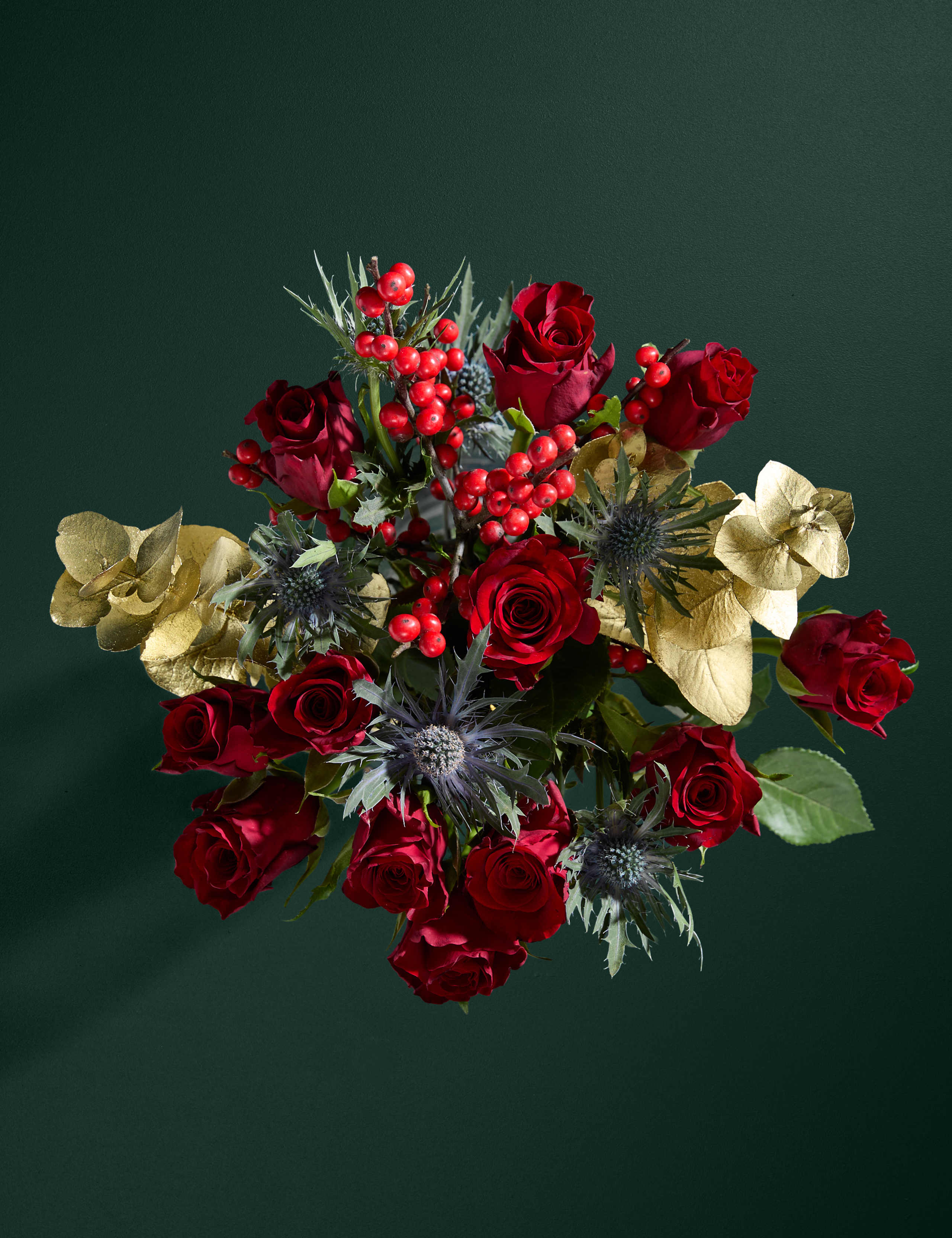 Festive Red Rose & Ilex Bouquet