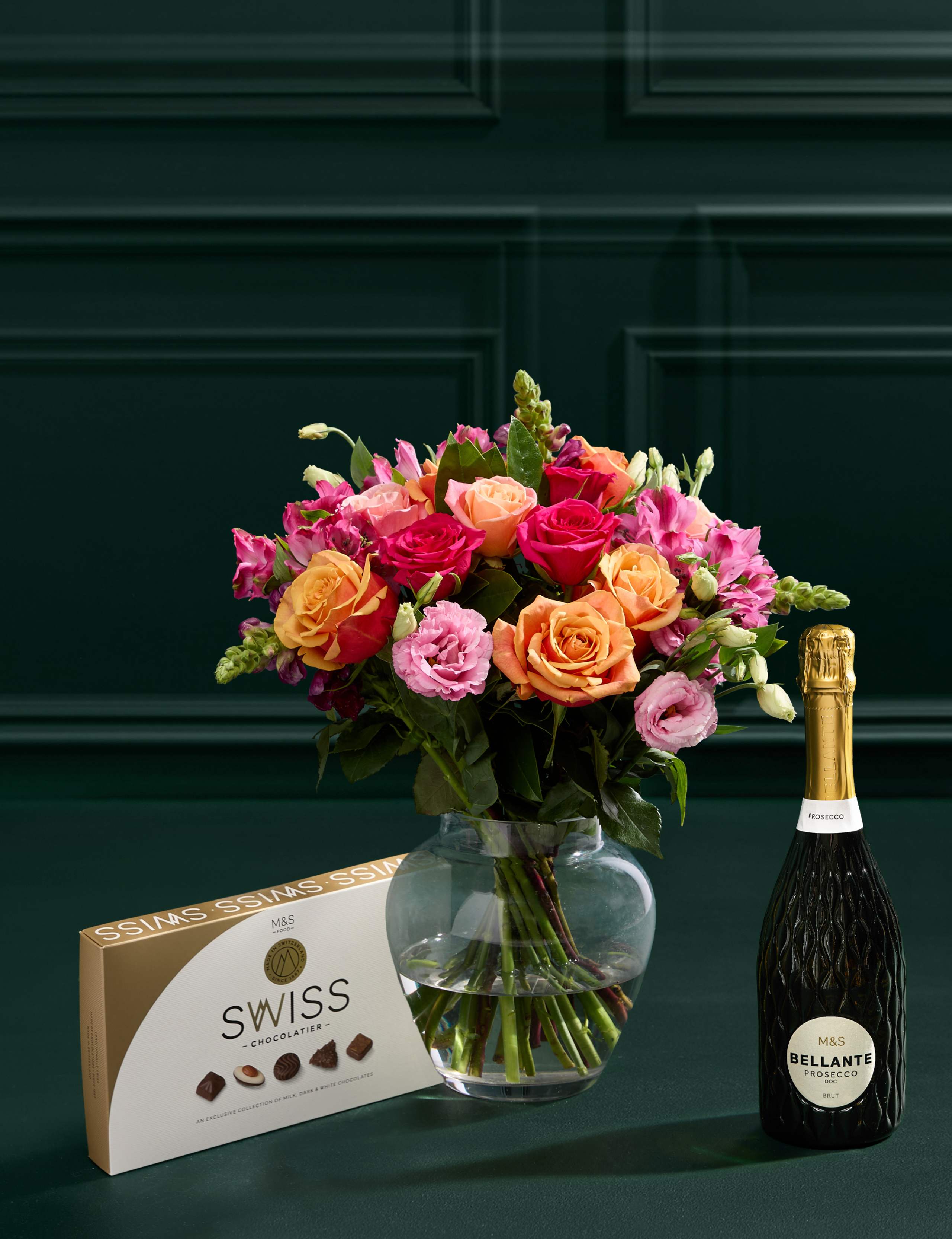 Roses, Lisianthus & Antirrhinum Bouquet with Chocolates & Prosecco