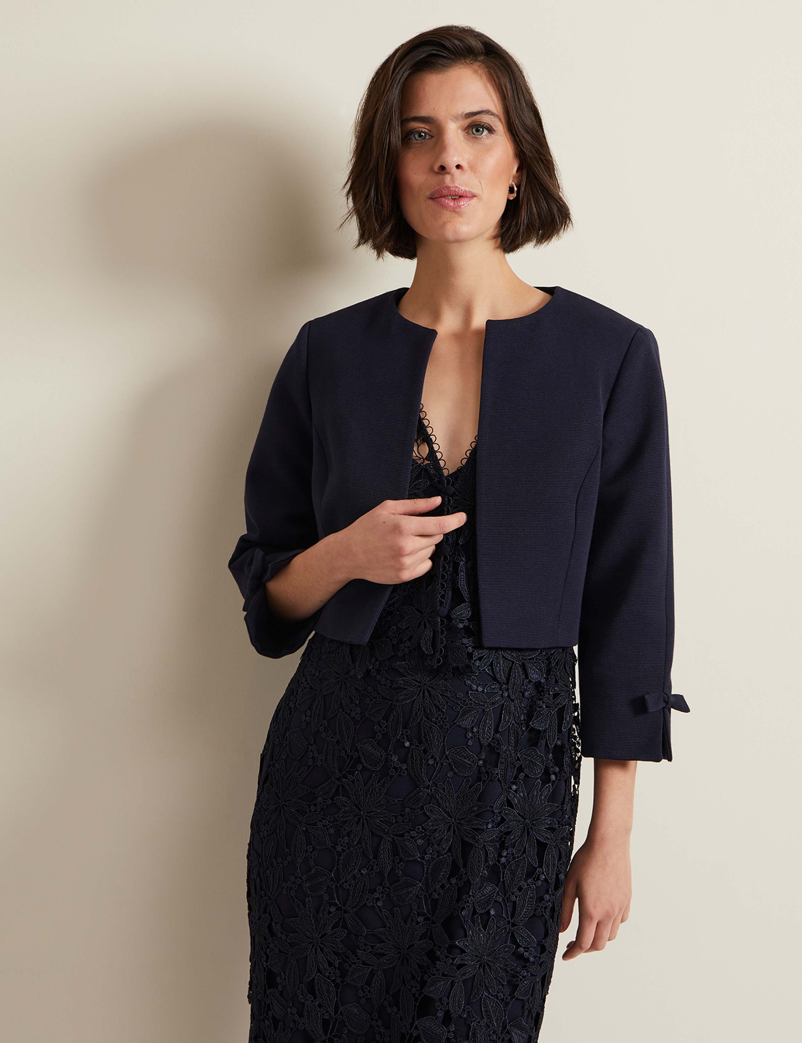 Cotton Rich Collarless Bow Short Jacket