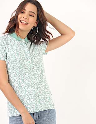 Pure Cotton Floral Polo Neck T-Shirt