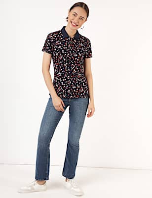 Pure Cotton Floral Polo Neck T-Shirt