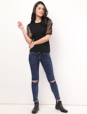 Cotton Mix Plain Crew Neck Top