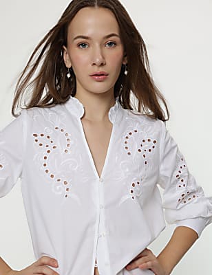 Linen Rich Embroidery Bishop Sleeves Blouse