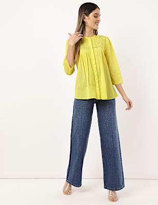 Cotton Mix Thread Work Band Neck Blouse