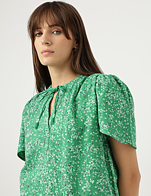 Pure Cotton Floral Print Tie-Up Neck Blouse