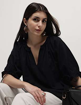 Linen Rich Ruffled Neck Blouson Top