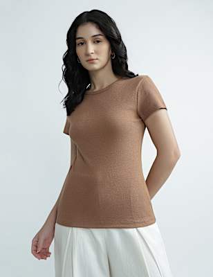Cotton Rich Round Neck Textured Top