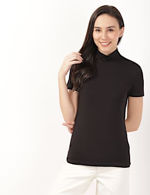 Cotton Rich Funnel Neck Fitted T-Shirt