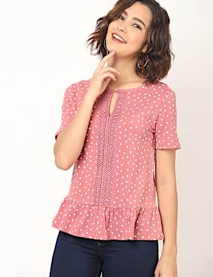 Cotton Mix Polka Dots Key Hole Neck Top