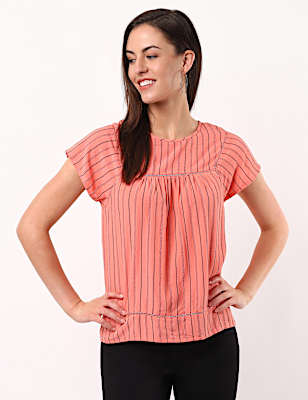 Stripe Woven Jersey Mix Top