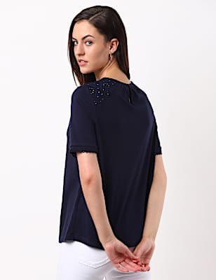 Cutwork Woven Jersey Mix Top