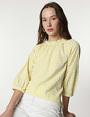 Pure Cotton Checks Ruffled Neck Blouse