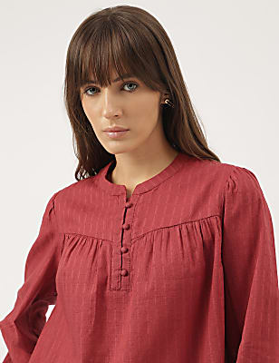 Pure Cotton Plain Mandarin Collar Blouse