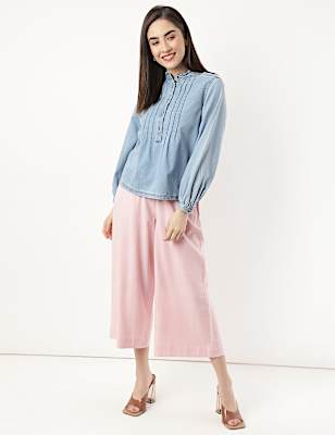 Pure Cotton Pleated Mandarin Collar Top
