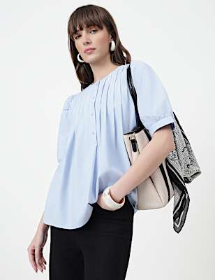 Pure Cotton Pintuck Round Neck Top