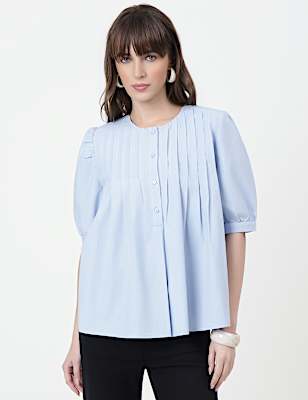 Pure Cotton Pintuck Round Neck Top