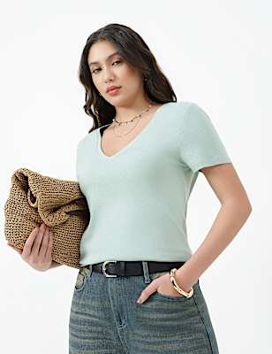 Pure Cotton Plain V-Neck T-shirt