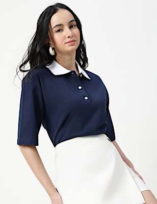 Pure Cotton Plain Polo Neck T-shirt