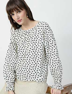 Lyocell Rich Bow Print Round Neck Top