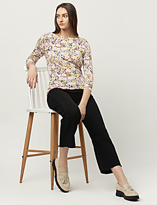 Cotton Mix Floral Printed Boat Neck T-Shirt