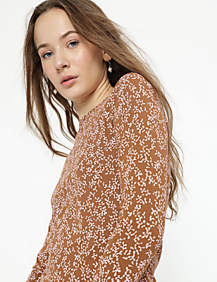 Cotton Rich Leaf Print 3/4 Sleeves T-Shirt