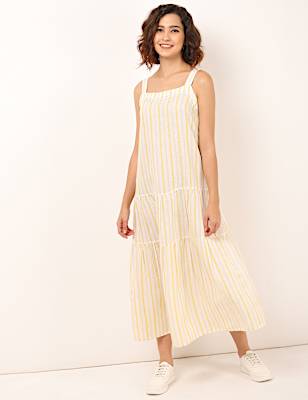 Linen Mix Striped Square Neck Dress