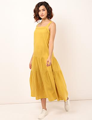 Linen Mix Plain Square Neck Dress