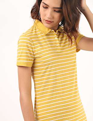 Cotton Mix Polo Neck Stripe Dress