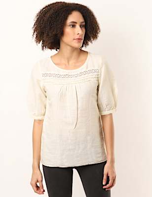 Flax Linen Mix Lace Round Neck Top